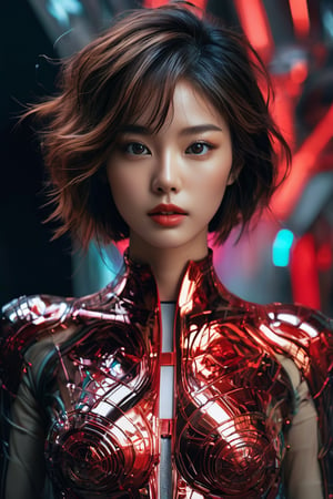 hyperrealistic, a masterpiece, (1girl), (full body), (futuristic sci-fi bodysuit), Beautiful young Korean woman, kpop idol, (Cute Loose Bob hairstyle), symmetrical eyes, realistic, sharp focus, HD, highly detailed, intricate, photography, hyperrealism, hyperrealistic, film, studio portrait, detail, dramatic lighting, (red lips), (small breasts), (toned stomach), smooth, sharp focus, art by Carne Griffiths and Wadim Kashin, unique design suit, award winning photography, masterpiece movie poster