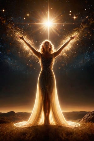 A captivating movie still of a formidable female figure, her hands raised, emitting a brilliant, golden light that illuminates the surrounding darkness. The light envelops her, casting a celestial glow that accentuates her strength and determination. The background reveals a mysterious landscape with an ethereal sky, where stars seem to twinkle with newfound hope. The atmosphere is a blend of enigmatic beauty and promise of new beginnings, as the powerful female figure stands as an embodiment of resilience.