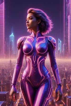 full body:1.2, ((masterpiece)), ((best quality)), (((photo Realistic))), A striking portrait of a young svelte woman looking back against a glowing background adorned with futuristic gleaming gadgets. A stunning anime-inspired fashion illustration featuring a girl wearing a vibrant, neon purple dress. The dress is adorned with intricate patterns and glowing accents, creating a mesmerizing effect. The background showcases a futuristic, neon-lit cityscape with towering, architecturally unique buildings and a glowing city skyline. The overall atmosphere of the image is energetic and vibrant, reflecting the bold fashion and futuristic setting., vibrant, fashion, anime, architecture
