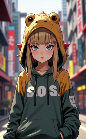 Ghibli studio anime style, A young college girl, blonde hair, blue eyes, standing in the middle of a bustling street. She is wearing a playful hoodie with a hood designed to resemble a plush T-rex head with cute, rounded teeth and spines along the top, giving it a toy-like appearance. The word 'S.O.S ' is written prominently on the front of the hoodie. Dramatic lighting emphasizes her lustful expression.