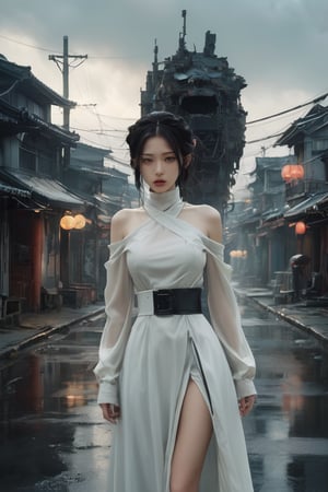 hyperrealistic, a masterpiece shot, (((gorgeous young woman))), full body lean forward, Gumiho, ((masterpiece)), ((best quality)), (((photo Realistic))), extremely detailed cg 8k wallpaper, Japanese female android in dystopian hybrid futuristic attire on a desolate street, overcast, ruins, cinematic, 32k.