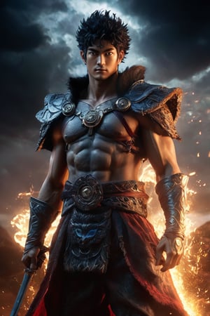 hyperrealistic, a masterpiece live-action movie poster. A breathtakingly realistic image of Gattsu from Berserk rests his hands on his large rune sword, evil grin, spark in the eye, a storm in the horizon, backlight, hybrid Super Saiyan form, radiating an otherworldly aura. Showcase his chiseled physique, wild hair, and slight evil smile. Utilize advanced techniques to capture subtle lighting, texture, and divine attire details. Exude an atmosphere of awe-inspiring wonder, as if he is about to unleash powerful divine energy. Bring this extraordinary visual to life with 3D rendering and meticulous attention to detail. Set in a whimsical, imaginative, and lively environment, showcase his powerful unexpected tricky move.