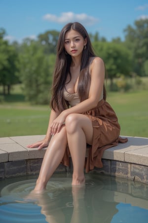 A stunning portrait of a young woman with long straight flowing hair is seated by the edge of a stone structure, possibly a fountain. She is dipping her feet into the water, which reflects her image. She wears a sleeveless beige top and a brown skirt with ruffled details. The background showcases a lush green landscape with trees and a clear blue sky.