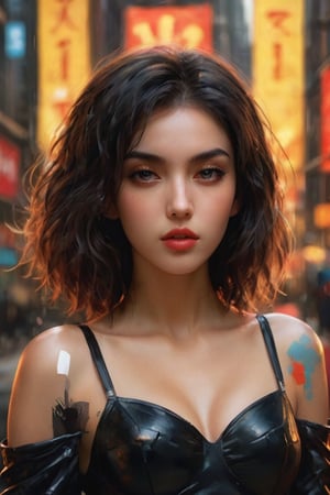 ((masterpiece)), ((best quality)), (((photo Realistic))), (3/4 portrait photo), (8k, RAW photo, best quality, masterpiece:1.2), (realistic, photo-realistic:1.3), ultra-detailed. A striking and captivating oil painting, featuring a mysterious woman with wild, black hair. The alluring young woman is set against an urban landscape of towering neon-lit structures, expertly blending gritty city life and cybernetic futurism. The gorgeous woman, donning a form-fitting black dress and black gloves, exudes confidence and danger with her confident stride. The atmosphere is sultry, enigmatic, and vibrant, enticing viewers to embrace their creativity and individuality. The 3D render and illustration-inspired composition creates a dynamic scene that masterfully merges abstract and futuristic elements. The immersive background of swirling, mesmerizing colors in red, yellow, brown, and orange adds depth and dimension to the piece, while gritty textures and digital chaos heighten the tension and energy. The painting's striking subject pierces the dim, product, photo, portrait photography, illustration, architecture, 3d render, vibrant, cinematic, typography, painting, graffiti, ukiyo-e, wildlife photography, conceptual art, 