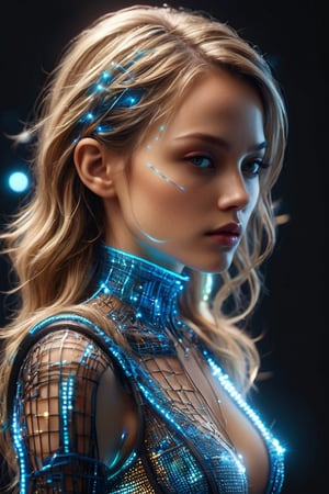 smokes, sparkles, complex 3d render, ultra detailed absurdres, highres, 8k, CG, wallpaper, (realistic, photo-realistic:1.3),Amazing, finely detailed, best quality, bokeh, depth of field. An ultrarealistic, futuristic portrait of Vanessa Paradis, where half of her body is meticulously rendered in neon blue wireframe. Her human side captures her enchanting eyes, delicate features, and flowing blonde hair, while the wireframe side intricately maps out her form with glowing lines and pulsating nodes. The outfit she wears is chic and modern, seamlessly integrating with the wireframe structure for a truly captivating look. The background blends natural and digital elements, creating a harmonious fusion of organic and technological beauty. The artists' initials, "PJ," are discreetly signed at the bottom.