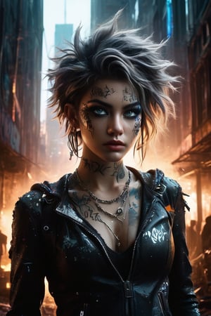 A captivating, high-quality photo of a bizarre graffiti punk scene set in a dystopian world. The focal point is a powerful, dark figure rising from the ashes, surrounded by a cloud of smoke. The figure is adorned with chains and cybernetic enhancements, and their eyes glow ominously. The background is a gritty, graffiti-laden cityscape, with towering skyscrapers and a hazy, neon skyline. The foreground features a chaotic mess of rubble and debris, highlighting the destructive power of the scene. The overall atmosphere is dark, intense, and cinematic, reflecting the dark fantasy elements and the transformation of laws into dust., graffiti, cinematic, dark fantasy