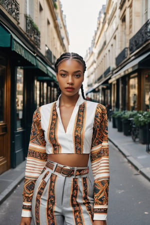 A photo of a young African American female model with cornrows and brown eyes, reflecting a sophisticated contemporary style. Her outfit fuses traditional Nigerian Ankara and aso-oke textile. The setting includes a street in Paris, enhancing the elegant and dynamic atmosphere. The model poses confidently, captured on film with sharp focus. The shirt and combat trousers feature reflective strips on the shirt, zipper and buckle details, an asymmetrical neckline, and ankara and neon accents.