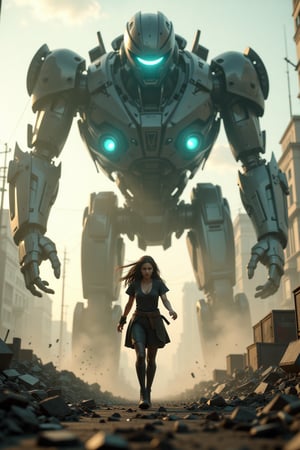 Bottom low angle view, distorted perspective. A post-apocalyptic young woman heroine with determined face running away from the silhouette of a giant robot with glowing eyes and massive hand reaching down to the woman. Dramatic dystopian city, debris, dust, fog, depth of field, motion blur, cinematic composition, lens-flares. Cinema 4D movie,Fantasy detailers 