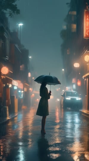 A mesmerizing scene of a rainy night, showcasing a beautiful, water-based female silhouette gracefully enjoying the rain. Her outstretched arms seem to embrace the raindrops, creating a serene and mystical atmosphere. The wet, dimly lit streets are shrouded in a mysterious and eerie ambiance, with the shimmering raindrops forming her silhouette casting a mesmerizing glow. The overall composition of this scene evokes a sense of ethereal beauty and tranquility amidst the rain-soaked environment.