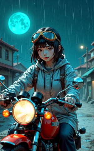 Ghibli studio anime style, Japanese anime style illustration, steampunk style, heavy raining, the endless desolate dry land is foggy, a cyan moon in the distance, a young girl riding a Honda CB125 from the 1970s, she is looking for something, details face, goggles, wet transparent low cut raincoat, low angle view shot, sunny rain lighting, perfect face, lightly sparkles smoke background, volumetric fog, Hyperrealism, cinematic lighting, highly detailed, breathtaking, 8k uhd