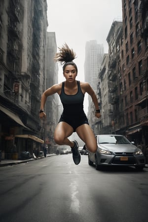 A captivating and enigmatic movie still portrays a young woman in athletic attire, boundlessly leaping over cars and seamlessly executing parkour moves across the bustling city streets. Her focused, determined expression radiates as she masterfully navigates the urban jungle with finesse and agility. The background presents a cacophonous cityscape, teeming with honking horns, exasperated drivers, and pigeons fluttering in disarray. The artist's deft touch brings to life the dynamic composition and intricate rendering, emphasizing the protagonist's athleticism and the kinetic energy of her surroundings, dynamic, urban, detailed, energetic, chaotic cityscape.