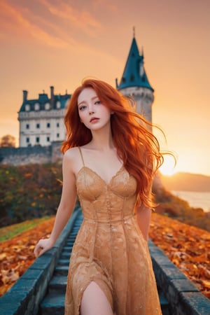 A stunning close-up picture that captures the essence of love and beauty. A captivating and vibrant conceptual art piece, featuring a young adorable woman with very long cascading red hair, seamlessly merging into a picturesque autumn landscape. She stands gracefully amidst a sea of golden leaves, her hair intertwined with branches and foliage. Behind her, a majestic castle stands proudly against an intense orange sky, as if it's on fire. The overall atmosphere of the illustration is cinematic and surreal, evoking a sense of wonder and enchantment, cinematic, vibrant, conceptual art,dal,photo