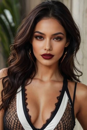 a beautiful American woman wearing white and black sexy revealing mesh clothing, in the style of dark red and dark brown, beautiful women with fit body figure, chicano-inspired, dark black and dark beige, wavy, dark red and dark bronze, exaggerated features, hyber detailed.