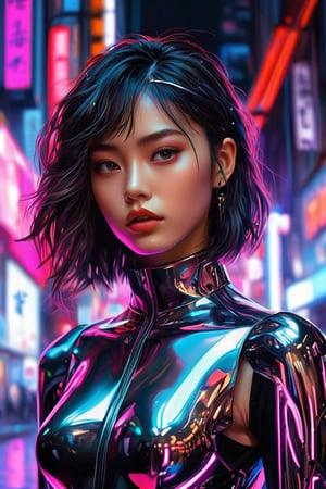 hyperrealistic, a masterpiece, (1girl), (full body), (futuristic sci-fi glassy transparent bodysuit with hollow crop cut), Beautiful young Korean woman, kpop idol, (Cute Loose Bob hairstyle), symmetrical eyes, realistic, sharp focus, HD, highly detailed, the background is a neon cityscape with giant robot head in the style of ghost in the shell, Hajime Sorayama, anime aesthetic, vaporwave, cyberpunk setting, japanese signs and billboards, high contrast, hyper realistic, reflections, cinematic, retrofuturism, at night, red lights and neon lights.