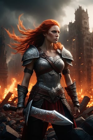 ((masterpiece)), ((best quality)), (((photo Realistic))), (seductive:1.3), Epic live-action movie still. A breathtaking high-resolution full body portrait of a powerful Viking female warrior, chopping a titan amidst the ruins of a fallen city. The dynamic low-angle view focuses on the glowing colossal battle-axe breaking the screen of the viewer. The remnants of skyscrapers surround her, a somber reminder of the battles she has fought and won. Her armor, a stunning combination of blackened steel and scarlet accents, clings to her muscular form like a second skin, each plate a symbol of her unyielding strength. Her gauntlets, adorned with razor-sharp claws, bear the stains of past victories. Her fiery red hair dances wildly in the relentless wind, framing her weathered and determined face, where her blazing green eyes burn with an unquenchable fire. In her grasp, she holds a colossal battle-axe, its gleaming blade radiating a deadly light. ,glitter