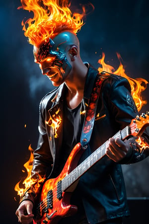 (8k, RAW photo, best quality, masterpiece:1.2), (realistic, photo-realistic:1.3). Human Torch（Marvel Comics) , playing electric guitar , smiling, extremely detailed guitar on fire, man humanoid with fine skin, muscular, whole body covered with a lot of fire spark, chest covered with armor, Albrecht Durer hands, on a stage doing a show, night, rock band in the background, perfect hands, perfect musical instruments, extremely detailed place, extremely detailed clothes, very realistic, low saturation, cool colors, fog, drama, UHD, 16k