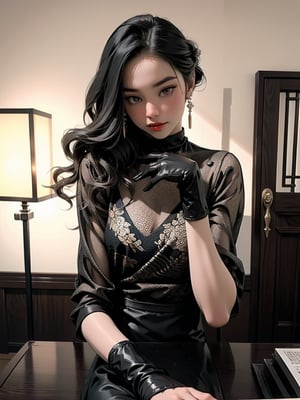 A modern photo of a 19-year-old Gothic anime woman, effortlessly seated in a cozy, dimly lit room filled with books and soft lighting. She is dressed in a chic black latex sweater with a high neck and intricate violet latex applique patterns, paired with platform sandals and black latex gloves and black latex stockings. Her dark, flowing hair contrasts with her pale complexion, and her deep red lips are accentuated by dark makeup. Holding a steaming cup of coffee, she gazes into the distance with an air of mystery and sophistication. This enchanting portrait exudes a sense of relaxation and tranquility, blending vibrant fashion elements with fantasy and cinematic flair.