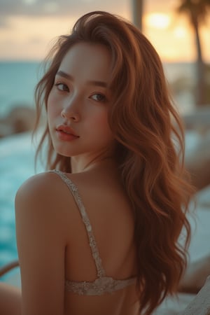 An alluring photograph of a 19-year-old Caucasian-Latina woman with long golden-brown hair, styled in loose waves. She is wearing a delicate stylized bikini set, lying on a lounge chair in front of a swimming pool by the ocean. Her body is slightly arched, and she looks over her shoulder with a smoldering gaze, the glittering sin glow of the fire reflecting off her smooth fair skin.