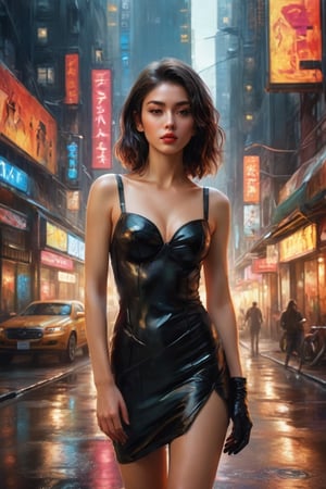 ((masterpiece)), ((best quality)), (((photo Realistic))), (3/4 portrait photo), (8k, RAW photo, best quality, masterpiece:1.2), (realistic, photo-realistic:1.3), ultra-detailed. A striking and captivating oil painting, featuring a mysterious woman with wild, black hair. The alluring young woman is set against an urban landscape of towering neon-lit structures, expertly blending gritty city life and cybernetic futurism. The gorgeous woman, donning a form-fitting black dress and black gloves, exudes confidence and danger with her confident stride. The atmosphere is sultry, enigmatic, and vibrant, enticing viewers to embrace their creativity and individuality. The 3D render and illustration-inspired composition creates a dynamic scene that masterfully merges abstract and futuristic elements. The immersive background of swirling, mesmerizing colors in red, yellow, brown, and orange adds depth and dimension to the piece, while gritty textures and digital chaos heighten the tension and energy. The painting's striking subject pierces the dim, product, photo, portrait photography, illustration, architecture, 3d render, vibrant, cinematic, typography, painting, graffiti, ukiyo-e, wildlife photography, conceptual art, 