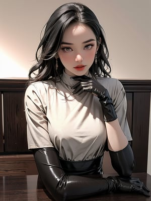 A modern photo of a 19-year-old Gothic anime woman, effortlessly seated in a cozy, dimly lit room filled with books and soft lighting. She is dressed in a chic black latex sweater with a high neck and intricate violet latex applique patterns, paired with platform sandals and black latex gloves and black latex stockings. Her dark, flowing hair contrasts with her pale complexion, and her deep red lips are accentuated by dark makeup. Holding a steaming cup of coffee, she gazes into the distance with an air of mystery and sophistication. This enchanting portrait exudes a sense of relaxation and tranquility, blending vibrant fashion elements with fantasy and cinematic flair.