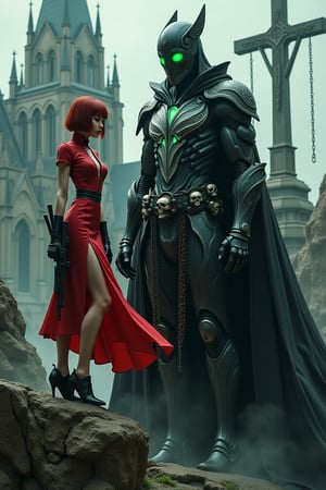 Ultra-realistic movie poster. In the foreground, sexy black widow from movel stands on a tall rock near a cliff. She is wearing a red qipao dress with a high slit and black high-heeled shoes. Her short red hair is styled in a bob, and she is holding a futuristic rifle, aiming at the viewer. Next to her is a majestic menacing figure in gleaming organic armor, featuring intricate white markings across the chest and arms. Its eyes glow vibrant green from a black mask adorned with white patterns. The figure is surrounded by a tattered flowing cape, with skulls hanging from the waist. In the background looms a gothic cathedral with an imposing cross covered in chains. The atmosphere is eerie with a dramatic interplay of light and shadow.