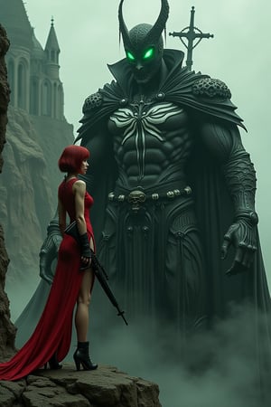 Ultra-realistic movie poster. In the foreground, sexy black widow from movel stands on a tall rock near a cliff. She is wearing a red qipao dress with a high slit and black high-heeled shoes. Her short red hair is styled in a bob, and she is holding a futuristic rifle, aiming at the viewer. Next to her is a gigantic menacing figure in black organic armor, featuring intricate white markings across the chest and arms. Its eyes glow vibrant green from a black mask adorned with white patterns. The figure is surrounded by a tattered flowing cape, with skulls hanging from the waist. In the background looms a gothic cathedral with an imposing cross covered in chains. The atmosphere is eerie with a dramatic interplay of light and shadow.