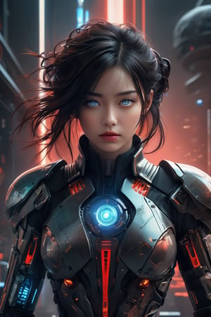 ((masterpiece)), ((best quality)), (((photo Realistic))), (portrait photo), (8k, RAW photo, best quality, masterpiece:1.2), (realistic, photo-realistic:1.3). A female with black hair and blue eyes, wearing sci-fi armor that has been torn open on the shoulder to reveal her skin, she is holding up an alien red tentacle in front of one eye against a white background, in the cyberpunk art style with a dark color palette.