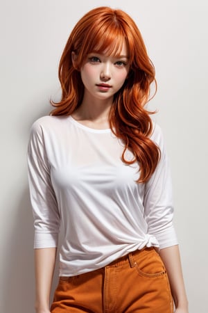 The central focus is a woman depicted in an illustration.
Physical Appearance:
Hair: The individual has vibrant orange hair that falls to approximately mid-length. The hair appears slightly wavy.
Clothing:
The young woman wears a white t-shirt.
The t-shirt has an orange patch on the sleeves.
The shirt seems to be slightly wet, as it clings to the body, revealing some details through the fabric.
Background:
The background is plain and devoid of any distinguishable features or objects.
Overall, the illustration presents a minimalist yet intriguing portrayal of an individual with distinctive orange hair