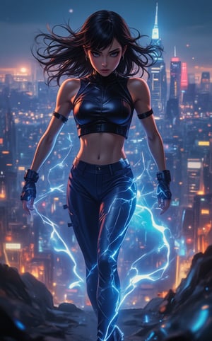 Epic anime live-action movie. Amazing lightingbolt woman, sharp focus on the very front of her face, everything poised, speeding neon lines, fast running towards the viewer, luminous, reflective, hyper detailed,, intricate details, background is a futuristic city with skyscrapers at night, ultra realistic, cinematic lighting, perfect image high flying aerial top down view, photorealistic, a sprawling cityscape emerges, adorned with towering skyscrapers, advanced technology and bustling activity create a sense of awe and wonder, super detail, ultra realistic, cinematic lighting,