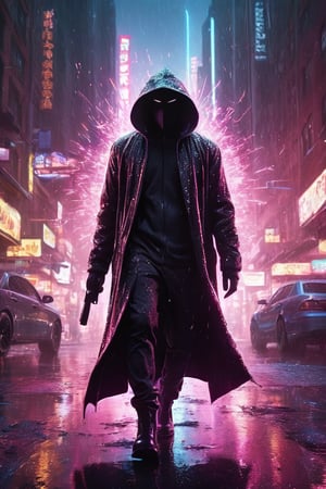 Perspective low angle view up, captivating cinematic illustration of a hooded, mysterious tall man figure in full speed, his identity blurred as he dash towards the viewer. He wield a big sleek, futuristic gun, which releases a bullet and a burst of sparks, creating a trail of chaos and destruction in their wake. The background portrays a dark, gritty urban landscape, with neon lights reflecting off the wet pavement, amplifying the sense of danger and high stakes. The vibrant colors and intense atmosphere create a suspenseful, poster-worthy scene that captivates the audience, movie poster, 