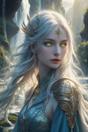 A captivating wide-shot fantasy art piece featuring a stunningly detailed and photorealistic nude Vedalken female cleric. Her striking blue skin is illuminated by glowing particles, adding a mystical aura to the composition. Her long, white hair flows gracefully, contrasting with her vibrant skin tone. Her intense green eyes convey profound depth and wisdom.
Armed with a glowing yellow mace adorned with magical symbols, the cleric stands at the base of a breathtaking waterfall, which adds a natural and dynamic element to the scene. The lush fantasy landscape in the background enhances the overall mood with its vibrant, magical atmosphere. The artwork is presented in ultra-high resolution (16k), focusing on photorealistic quality to capture every detail, from the wet textures of her skin to the shimmering reflections of the water.