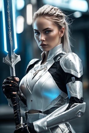 hyperrealistic, a masterpiece, gorgeous strong caucasian female fighter, wet skin, Beautiful female in futuristic attire holding a large gleam rune sword, chopping forward in the style of movie still, snapshot realism, platinum metal and white armor suit, chinapunk, cyberpunk realism,