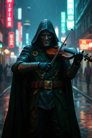 Cyberpunk medieval fusion, A photo of Doctor Doom standing at the edge of a rain-soaked street. Doctor Doom's wild expression and his symbolic suit is drenched from the downpour. He holds a violin and plays an eerie melody with a twisted smile. The background contains neon signs that flicker, casting a colorful glow over the scene, dynamic posture, precise anatomy of body and hand, movie special effects grade style. 