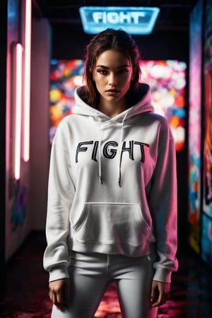 hyperrealistic, best quality, masterpiece, analog film photo, studio lighting. A captivating photo of a young alluring woman dressed in a white hoodie, white jeans, and white sports shoes. She stands boldly against a dark, enigmatic background, creating a sense of mystery. The main focus of the image is a vibrant neon sign in the foreground, reading 'Fight'. The sign is a brilliant gradient of colors, transitioning from red to blue, casting a mesmerizing reflection on the ground. A captivating black ink art piece on a pristine white background features a face formed by bold, spaced-out ink spots. The central focus is a pair of intricately detailed leopard eyes and part of the muzzle, with the white background accentuating the negative space between the spots. The vibrant and bold design demonstrates that simplicity can create a truly mesmerizing visual effect. 