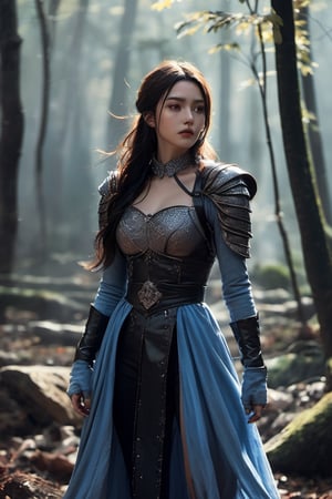 ((masterpiece)), ((best quality)), (((photo Realistic))), (portrait photo), (8k, RAW photo, best quality, masterpiece:1.2), (realistic, photo-realistic:1.3).Full Body, film still of, a woman with brunette hair wielding a sword covered in dry blood, medieval leather clothes, in a (dark:1.3) battle torn forest, ready to fight for her life, (bruised, cut:1.2), trees on fire, smoke, sparkles, (blue hue:1.2), cinematic, 4k, epic detailed, bokeh, hbo, dark fanyasy, moody