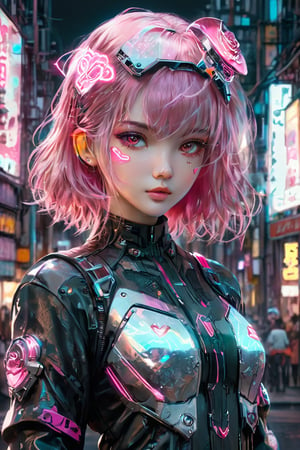 ((masterpiece)), ((best quality)), (((photo Realistic))), (portrait photo), (8k, RAW photo, best quality, masterpiece:1.2), (realistic, photo-realistic:1.3),A captivating cyberpunk-inspired manga illustration targeted at girls, featuring a cute, pink-haired protagonist. She is dressed in a trendy, futuristic outfit with a rose-tinted helmet and adorned with neon heart-shaped accessories. The protagonist holds a milkshake, with its vibrant colors and toppings reflecting the neon theme. The background is a bustling cityscape with towering buildings, holographic advertisements, and a futuristic pink neon sign.,Cyberpunk Clothing