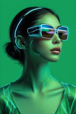 ((masterpiece)), ((best quality)), (((photo Realistic))), (8k, RAW photo, best quality, masterpiece:1.2), (minimalist). A captivating side profile portrait of a young fashionable woman, predominantly using electric blue and neon green hues. The subject dons futuristic, angular sunglasses with reflective green lenses, which perfectly complement the vibrant green background. Their sleek headphones, featuring alternating blue and green stripes, rest comfortably over their ears. The subject's skin is accentuated with bold, contrasting blue and green tones, emphasizing their sharp facial features, neck, and shoulder. The composition is framed by a large, luminous green circle, creating a striking visual contrast between the subject and the vivid backdrop.