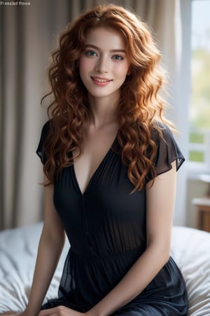 full body photo ((extremely attractive)) woman, long curly ginger hair, perfect eyes, (freckles:0.5, light makeup, black blouse, transparent long dress clothes, leaning on the end of her bed in her bedroom, gorgeous smile, bright sunlight coming through the windows, sheer curtains diffusing the sunlight . large depth of field, deep depth of field, highly detailed, highly detailed, 8k sharp focus, ultra photorealism
