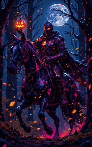 A mesmerizing neon spray paint portrait capturing a goth cyberpunk knight. On a Halloween night, the headless knight in fiery gloden-red armor on a black horse, holding a glowing pumpkin in his right hand, is riding swiftly through the woods. On a moonlit night, The image is photorealistic, detailed, and in a fantasy style. ,glowing,bright,luminous skin,glowing brightly,warm light,radiant,soft,glowing skin and vibrant, luminous features,glowing visual effects,glowing particles,neon