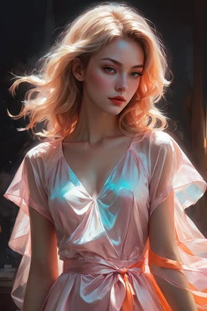 A breathtaking high-resolution digital painting by Artgerm and Augusto, masterfully blending the artistic styles of Guweiz and Alexey Egorov. The centerpiece of the composition is Angelica, a 21-year-old tall, preppy light blonde woman. She is dressed in a pastel white, pink, and orange thin silk Emilio Pucci slip dress. She captivates the viewer with her inviting pose, leaning forward with her hands together, exuding a playful charm. The artwork showcases exquisite details and flat shading, resulting in a vivid color palette that incorporates a pastel swirl of white, pink, and orange in the background, matching Angelica's dress.