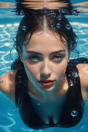 A young woman submerged in water, with her eyes closed and her hands gently placed on her face, wearing glossy black latex bikini. The water's surface creates a rippled effect, reflecting the woman's features. Many little bubbles can be seen around her, and her skin and latex clothing appear to be glistening, possibly due to the water's natural properties or the lighting. The background is a deep shade of blue, emphasizing the serene and tranquil atmosphere of the scene. High dynamic range, vivid, rich details, clear shadows and highlights, realistic, intense, enhanced contrast, highly detailed