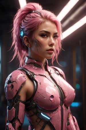 A gorgeous cyborg girl in pink platinum combat armor, long pink hair braid, cyberpunk style, sexy lingerie, futuristic scene, high-tech, sci-fi, flirting, kinky, attractive, portrait, looking at viewer, portrait, photography, detailed skin, realistic, photo-realistic, 8k, highly detailed, full length frame, High detail RAW color art, diffused soft lighting, shallow depth of field, sharp focus, hyperrealism, cinematic lighting, vibrant colors of lightning surround her. full body casting powerful tricky effect. gleaming katana.