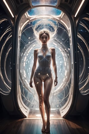 A surreal and dreamlike photograph of a slender young woman standing in a futuristic space cabin The sexy woman is clothed in thousands of luminescent strings that wind tightly around her, beginning at her shoulders and extending down to her upper legs. This ethereal binding seems to both conceal and accentuate, leaving her to the viewer's imagination. The glowing string emits a bright light, casting a glow and drawing the eye to the subject. The image is slightly blurry, adding to the surreal and dreamlike quality of the image and further immersing the viewer in the scene.