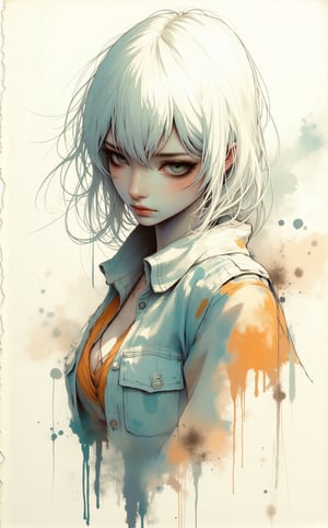 Rough charcoal sketch on old torn paper, beautiful female figure, an image of a girl with white hair, in the style of ross tran, light teal and dark orange, guido van helten, medium shots, comic art, realistic marine paintings, muted colors, dynamic pose, depth of pencil sketch illustration, inspured by Milo Manara and Russ Mills.