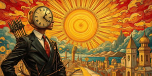 A modern art masterpiece with a abstract description of a radiant sun with golden outlines, a symbol of life and energy.  A surreal illustration of a warrior with a head made of a clock. He is wearing a suit and tie. The man is holding a bow and arrow. The background is a city with buildings made of clocks. There are smaller clocks scattered around the ground. The sky features a blend of geometric patterns in various vibrant shades, evoking a sense of illusion. The overall composition is imbued with Klimt's signature style, creating a harmonious balance of color, texture, and form, conceptual art of dadaism and minimalist.