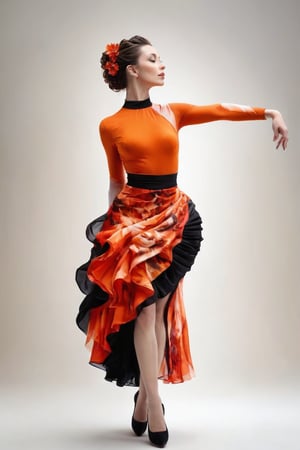 ((masterpiece)), ((best quality)), (((photo Realistic))), (portrait photo), (8k, RAW photo, best quality, masterpiece:1.2), (realistic, photo-realistic:1.3), An artistic portrayal of a woman, seemingly in a dance pose. She wears a vibrant orange and black dress, with the top having a high neckline and the skirt flowing gracefully. Her hair is styled in an elaborate updo adorned with red flowers. The background is abstract, with splashes of orange, black, and white, giving the impression of a dynamic and fiery ambiance.