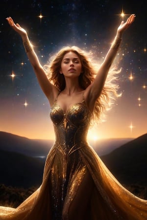 A captivating movie still of a formidable female figure, her hands raised, emitting a brilliant, golden light that illuminates the surrounding darkness. The light envelops her, casting a celestial glow that accentuates her strength and determination. The background reveals a mysterious landscape with an ethereal sky, where stars seem to twinkle with newfound hope. The atmosphere is a blend of enigmatic beauty and promise of new beginnings, as the powerful female figure stands as an embodiment of resilience.