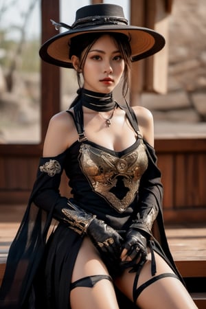 ((masterpiece)), ((best quality)), (((photo Realistic))), (portrait photo), (8k, RAW photo, best quality, masterpiece:1.2), (realistic, photo-realistic:1.3). A mysterious figure, a female sexy ninja assassin, seated on a wooden floor. The figure is wearing a traditional straw hat and is holding a weapon with hiper bioluminence glowing inscriptions. The background is full of ancient historical ambiance. The overall color palette is dominated by dark shades, with hints of blue and green, adding to the mystical aura of the scene.