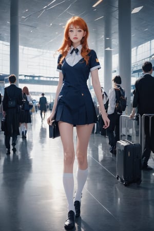 masterpiece photography, mid shot, fashional dressed young woman with orange hair and a suitcase on the sleek ground in a futuristic interior of the high-tech airport, a gorgeous portrait inspired by Harriet Powers, trending on CG society, digital art, a hyperrealistic sexy schoolgirl, hyperrealistic young alluring schoolgirl, dressed as a high school girl, realistic, epic still from a live-action movie, wearing a mini skirt and high socks, promotional still, magical school student uniform, the movie photo still, airport interior background,futurecamisole