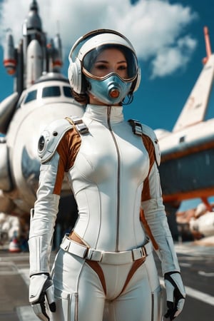 [three-quarter dynamic position::12], armed female figure in a white sci-fi suit (tight jumpsuit), at the spaceport, against the background of a sci-fi ship taking off, overcast, mask, sci-fi visor, sci-fi lens, sci-fi respirator, bald head, plate armor, isolated armor, third-person view from below, lots of fine detail, sci-fi movie style, photography, natural textures, natural light, natural blur, photorealism, cinematic rendering, ray tracing, highest quality, highest detail, Cinematic, Blur Effect, Long Exposure, 8K, Ultra-HD, Natural Lighting, Moody Lighting, Cinematic Lighting,xxmix_girl